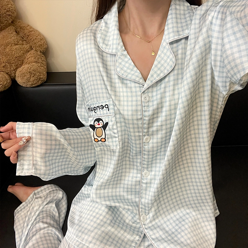 静英鸾 家居女休闲舒适简约翻领设计格子卡通企鹅图案服睡衣礼盒 女款