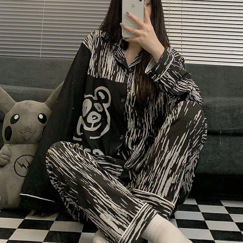 静英鸾 棉质长袖长裤翻领开衫卡通条纹小熊情侣休闲家居服秋冬季睡衣套装 男女同款