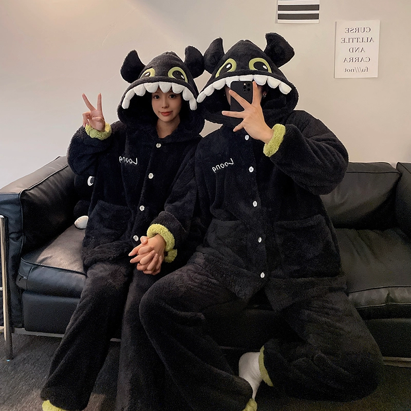 静英鸾 小怪兽卡通可爱珊瑚绒加厚加绒连帽秋冬季保暖家居服睡衣套装 男女同款