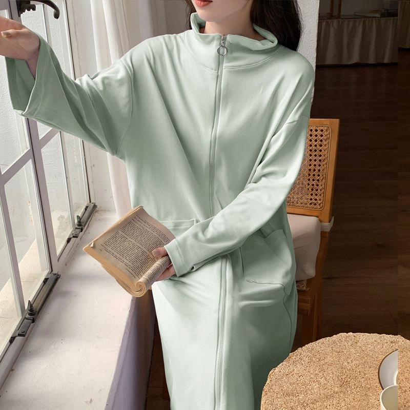 静英鸾 德绒长袖长裙翻领拉链纯色简约舒适家居服秋冬季保暖套装 女款