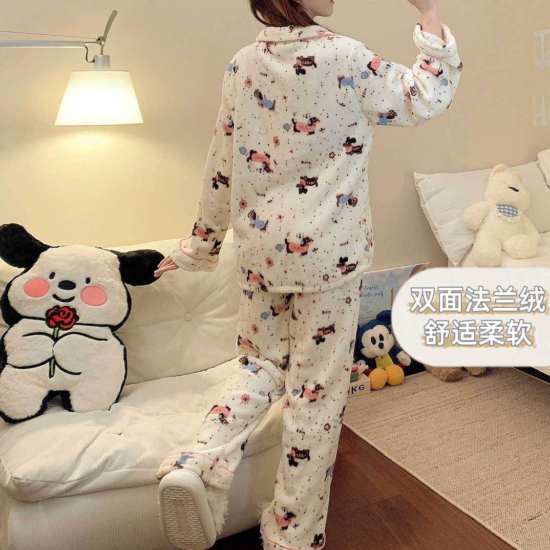 静英鸾 冬季宅家可爱腊肠狗甜美风珊瑚绒加绒加厚家居服睡衣套装 女款