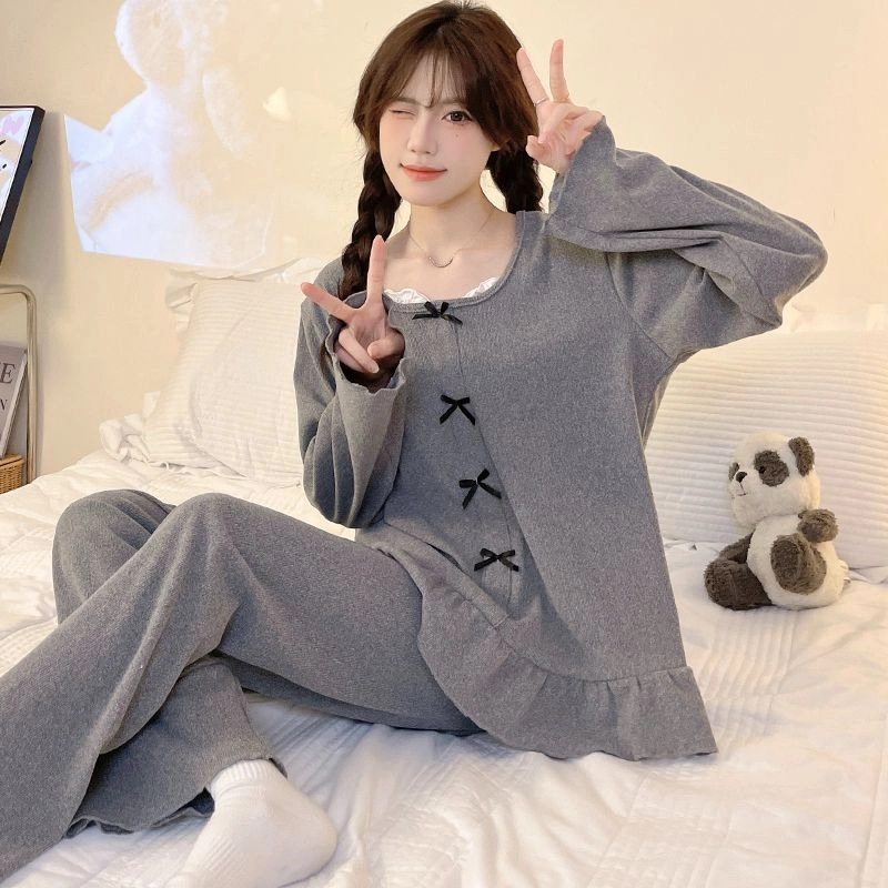 静英鸾 德绒长袖长裤圆领套头纯色蝴蝶结舒适两件套家居服秋冬季保暖套装 女款