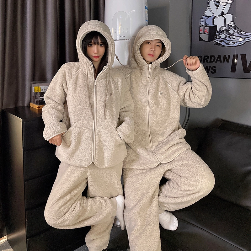静英鸾 纯色珊瑚绒加绒加厚保暖连帽甜美风休闲舒适家居服秋冬季睡衣套装 男女同款