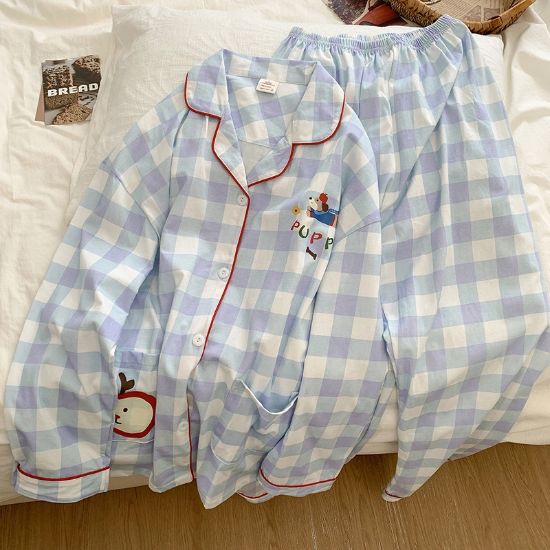 静英鸾 翻领格子卡通苹果甜美风休闲舒适家居服睡衣套装 女款