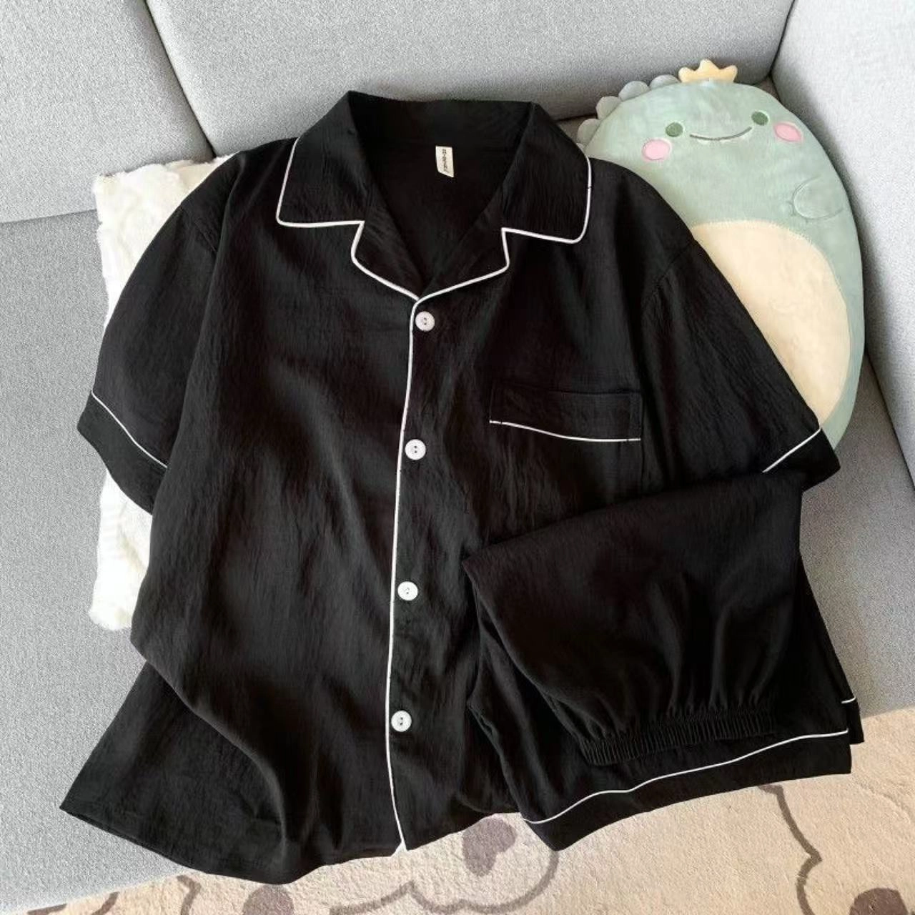 静英鸾 纯色翻领短袖短裤简约风休闲舒适家居服睡衣套装 男款