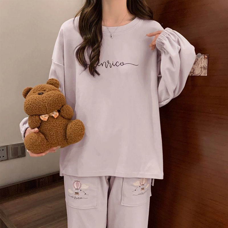 静英鸾 德绒长袖长裤圆领套头纯色简约甜美休闲两件套家居服秋冬季保暖套装 女款