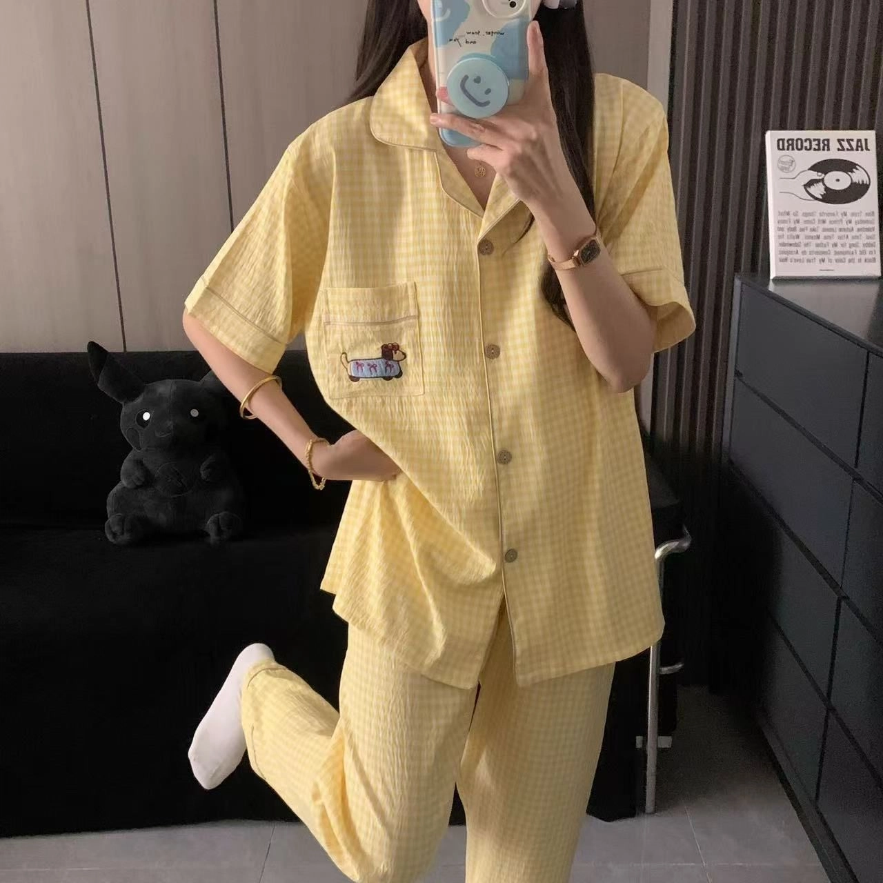静英鸾 家居女简约休闲风短袖三件套亲肤透气服睡衣套装 女款