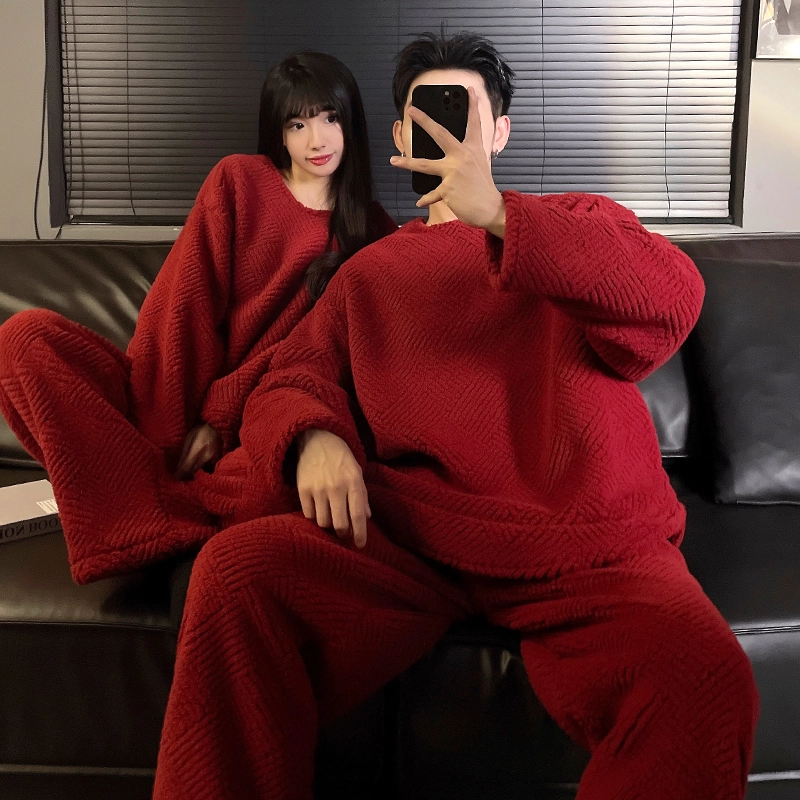静英鸾 秋冬季纯色圆领甜美风珊瑚绒加绒加厚保暖家居服睡衣套装 男女同款