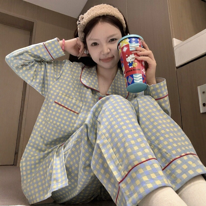 静英鸾 简约方格时尚翻领亲肤舒适可外穿家居服睡衣套装 女款