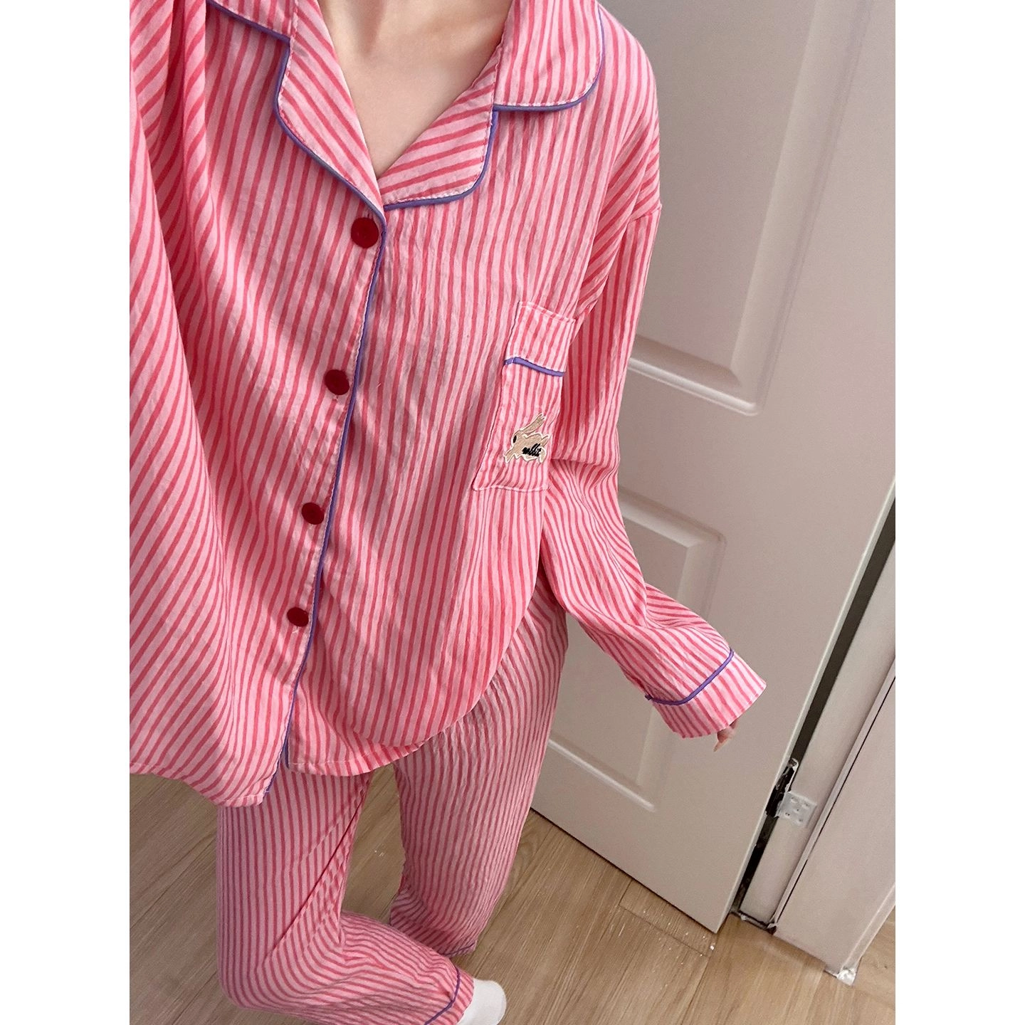静英鸾 简约粉条纹小兔休闲风格舒适长袖家居服睡衣套装 女款