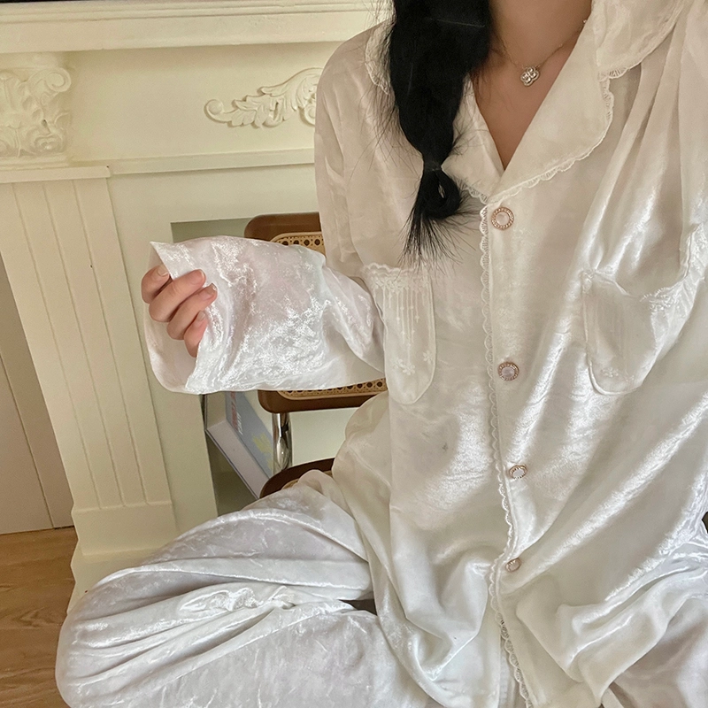 静英鸾 金丝绒保暖加厚长袖长裤翻领开衫公主风家居服冬季睡衣套装 女款
