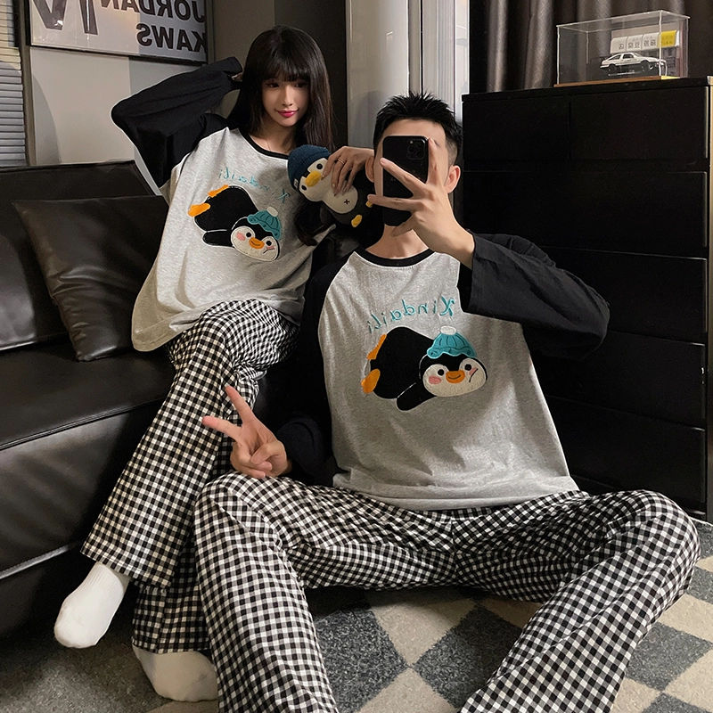 静英鸾 纯棉卡通可爱趴趴企鹅圆领套头长袖长裤休闲家居服秋冬季睡衣套装 男女同款