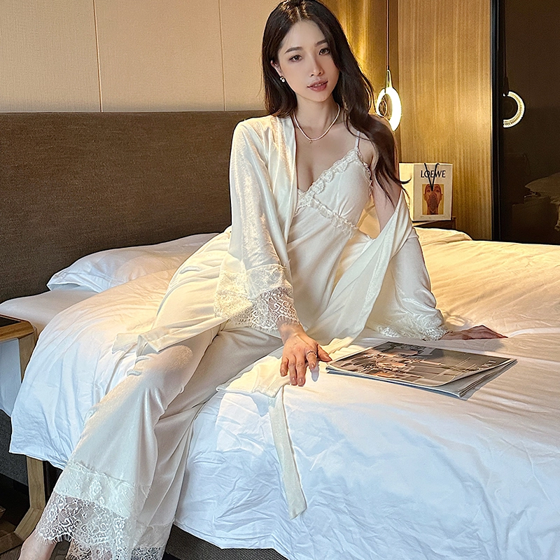 静英鸾 金丝绒长袖睡袍吊带长裤纯色休闲花边性感家居服秋冬季睡衣套装 女款