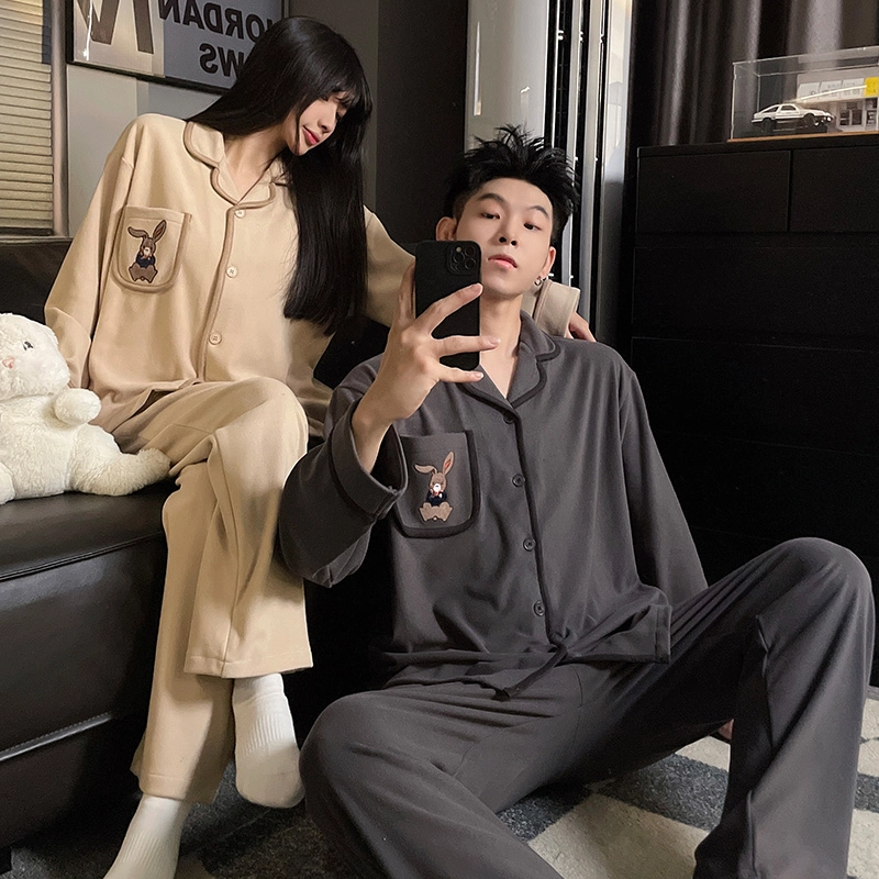 静英鸾 纯色卡通兔子时尚简约风冬季德绒加厚保暖家居服睡衣套装 男女同款
