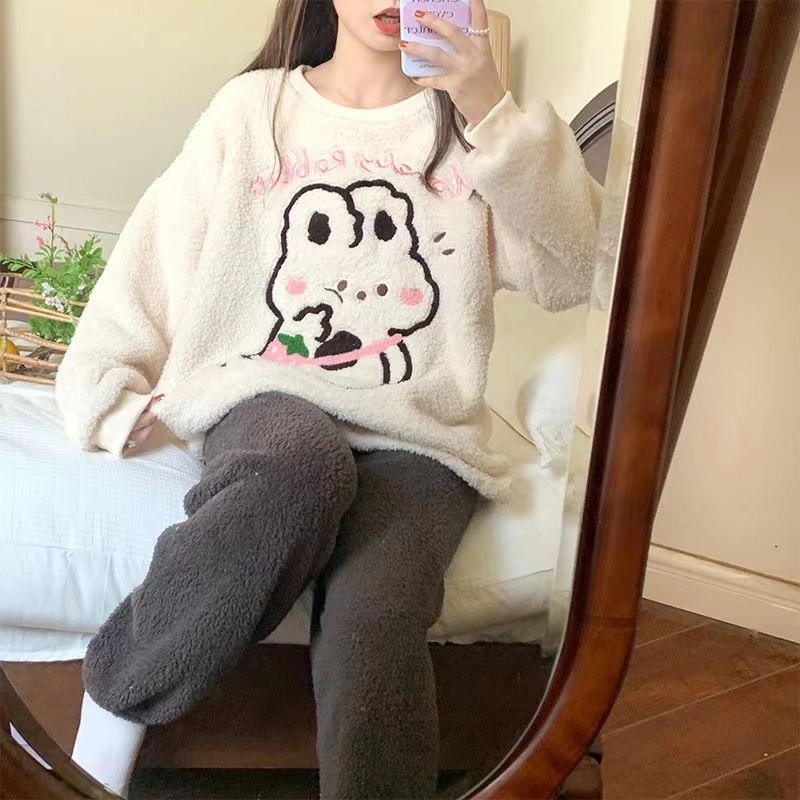 静英鸾 半边绒加厚保暖卡通甜美兔子圆领长袖长裤休闲家居服秋冬季睡衣套装 女款