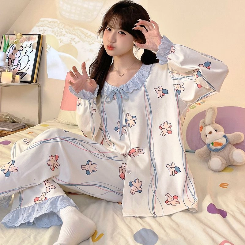 静英鸾 德绒长袖长裤圆领开衫卡通条纹兔子两件套家居服秋冬季保暖套装 女款
