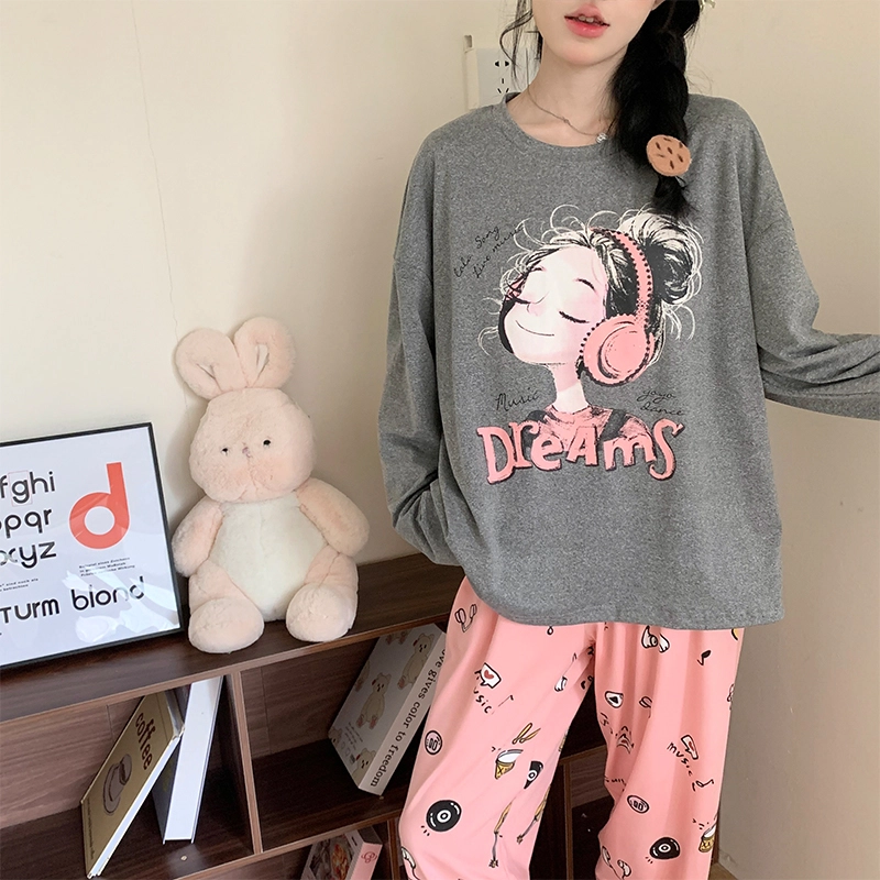 静英鸾 棉质带胸垫长袖长裤圆领套头可爱卡通甜美女孩家居服秋冬季睡衣套装 女款