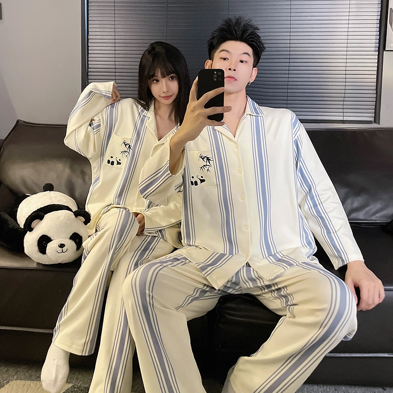 静英鸾 翻领条纹可爱熊猫慵懒甜美风休闲舒适家居服睡衣套装 男女同款