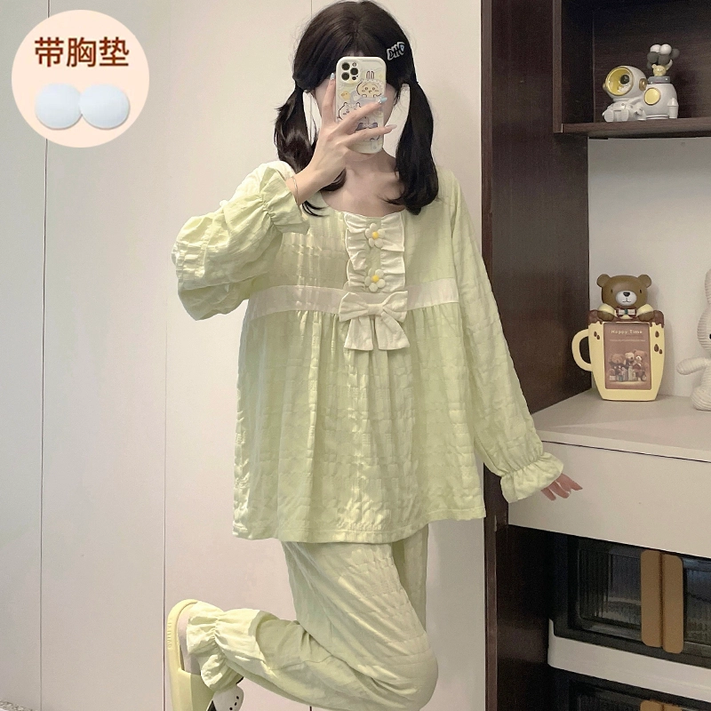 静英鸾 带胸垫简约甜美可爱小清新亲肤舒适可外穿家居服睡衣套装 女款