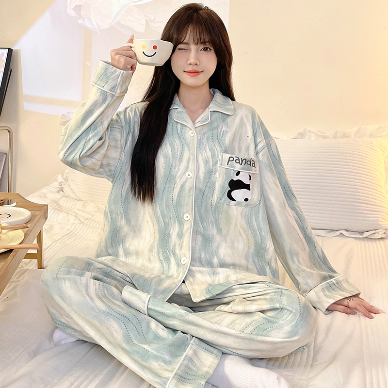 静英鸾 翻领卡通熊猫甜美风冬季德绒加厚保暖休闲舒适家居服睡衣套装 女款
