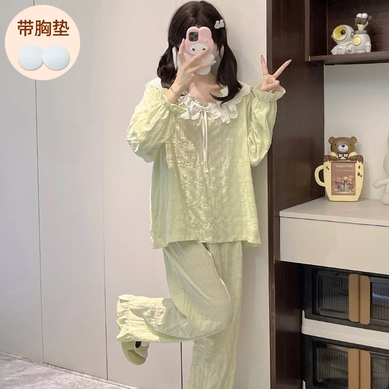 静英鸾 带胸垫简约花边甜美可爱小清新亲肤舒适可外穿家居服睡衣套装 女款