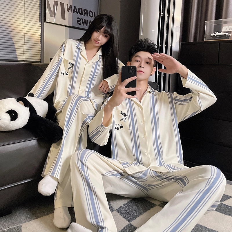 静英鸾 翻领条纹可爱熊猫慵懒甜美风休闲舒适家居服睡衣套装 男女同款