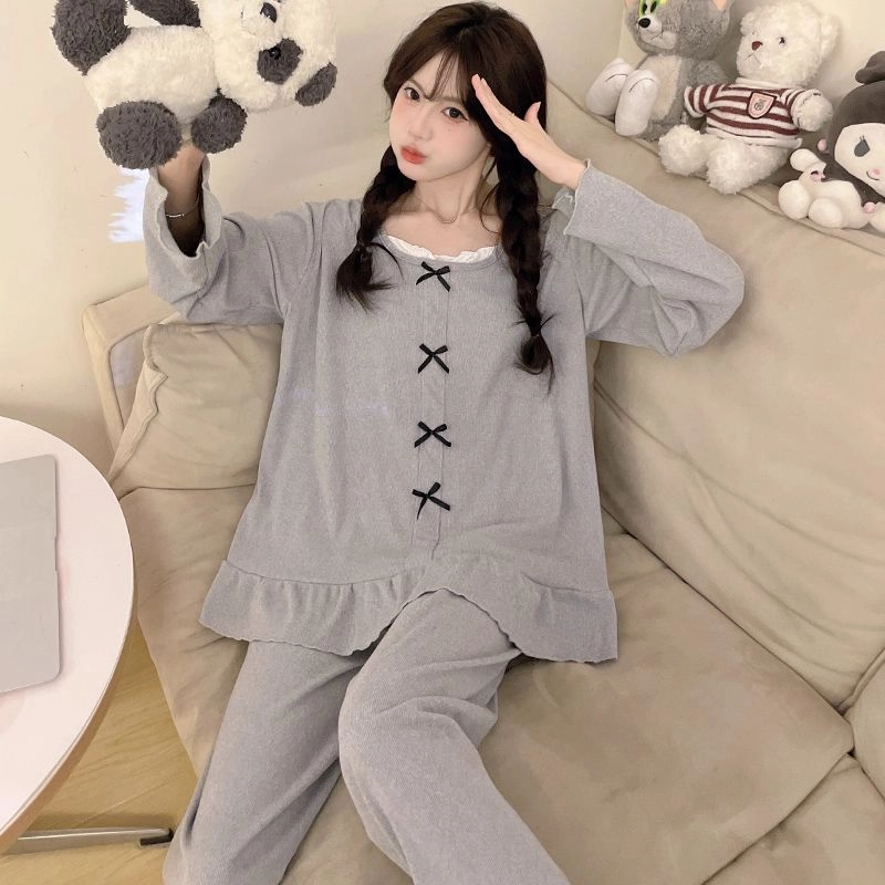 静英鸾 德绒长袖长裤圆领套头纯色蝴蝶结两件套家居服秋冬季保暖套装 女款