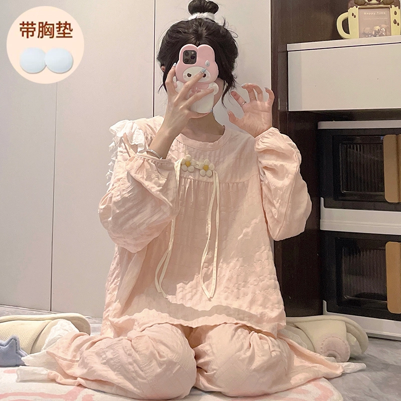 静英鸾 带胸垫简约粉甜美可爱小清新亲肤舒适可外穿家居服睡衣套装 女款
