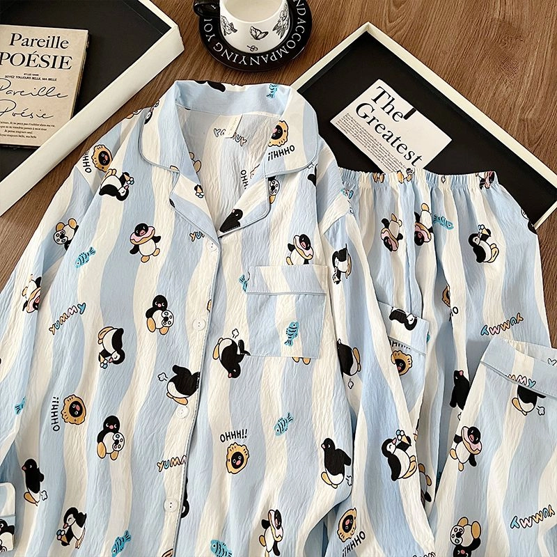 静英鸾 舒适简约休闲风长袖波浪企鹅图案家居服睡衣礼盒 女款