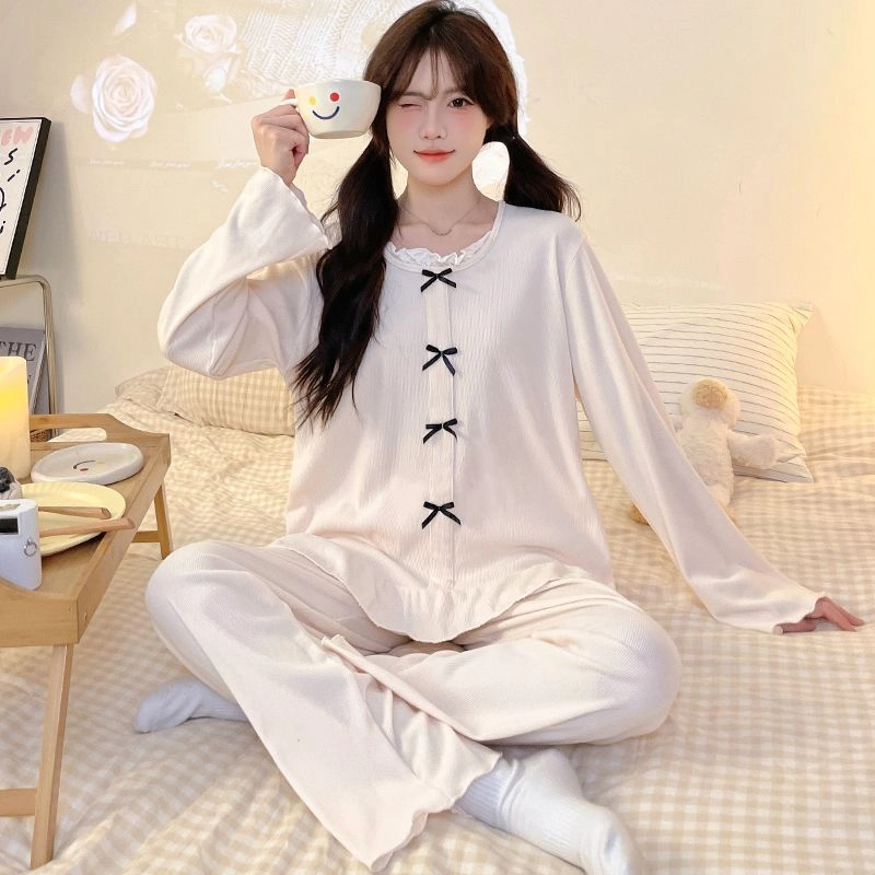 静英鸾 德绒长袖长裤圆领套头纯色蝴蝶结休闲两件套家居服秋冬季保暖套装 女款