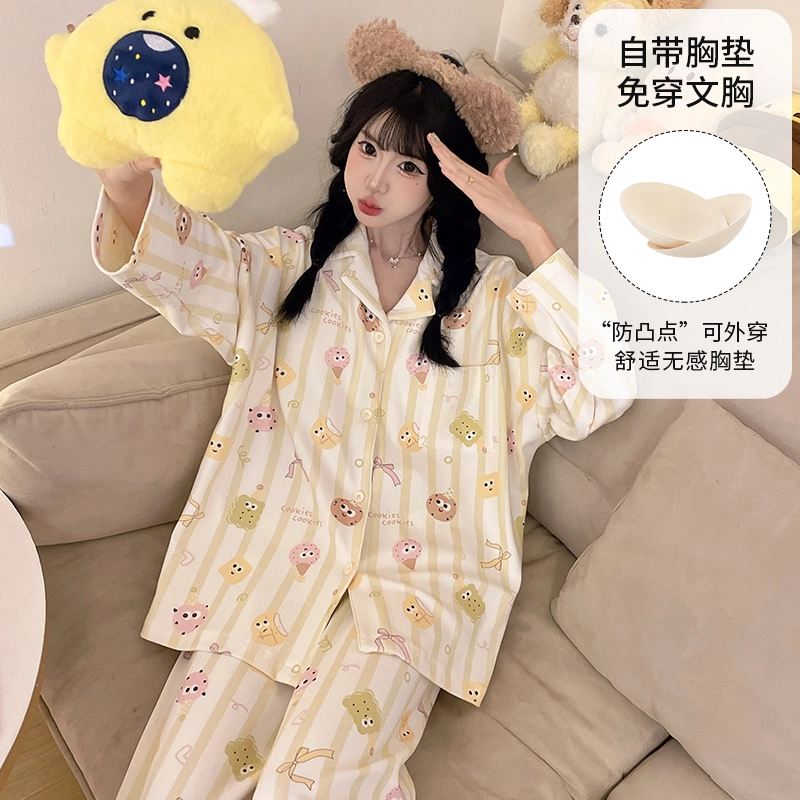 静英鸾 带胸垫长袖长裤翻领开衫卡通条纹小饼干家居服睡衣套装 女款