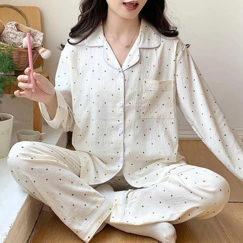 静英鸾 简约彩色圆点满印翻领长袖家居服睡衣套装 女款