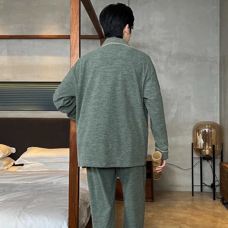 静英鸾 德绒长袖长裤翻领开衫简约纯色小熊休闲家居服秋冬季睡衣套装 男款