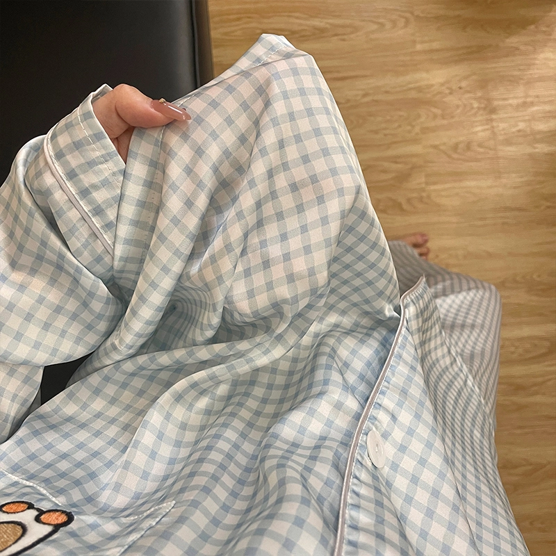 静英鸾 家居女休闲舒适简约翻领设计格子卡通企鹅图案服睡衣礼盒 女款