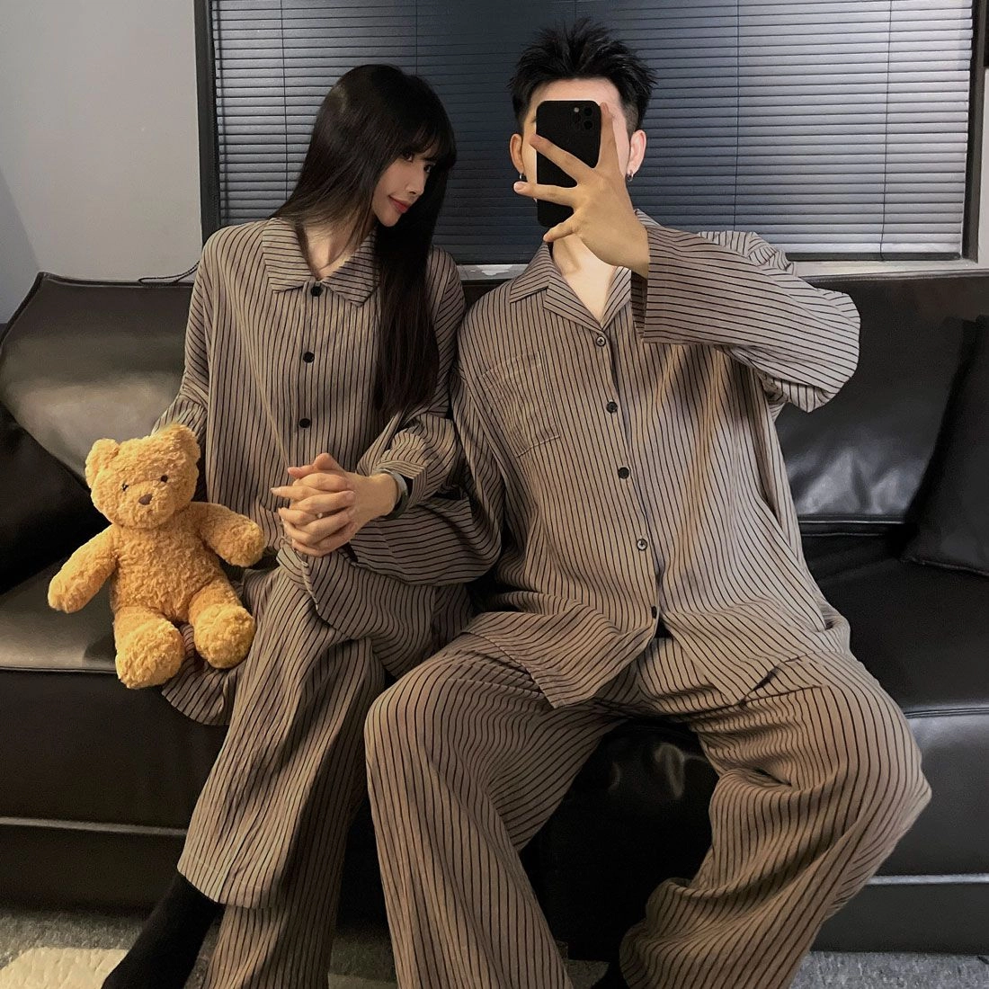 静英鸾 情侣舒适休闲风长袖翻领开衫简约设计家居服睡衣礼盒 男女同款
