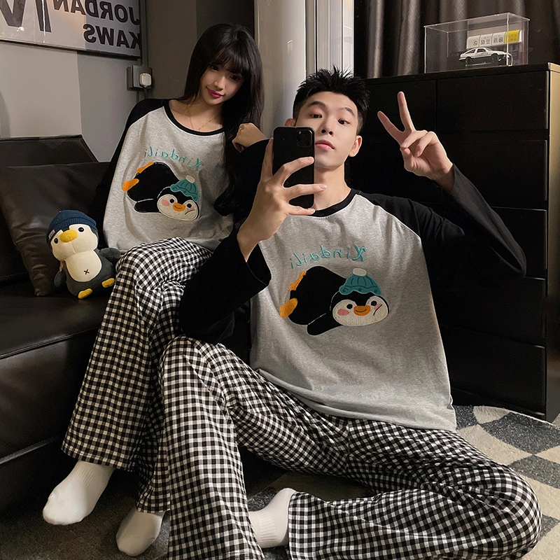 静英鸾 纯棉卡通可爱趴趴企鹅圆领套头长袖长裤休闲家居服秋冬季睡衣套装 男女同款