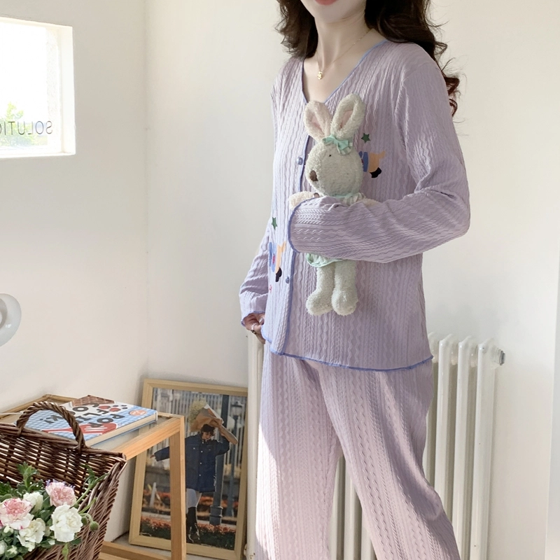 静英鸾 带胸垫甜美可爱简约紫卡通腊肠狗休闲亲肤舒适可外穿家居服睡衣套装 女款
