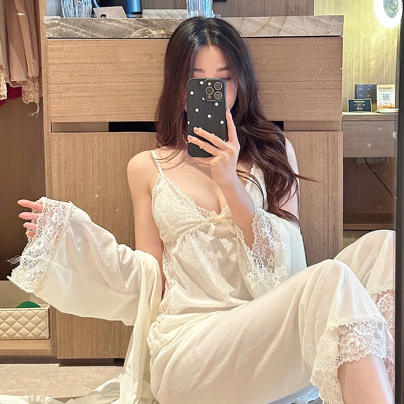 静英鸾 金丝绒长袖睡袍吊带长裤纯色简约休闲花边性感家居服秋冬季睡衣套装 女款