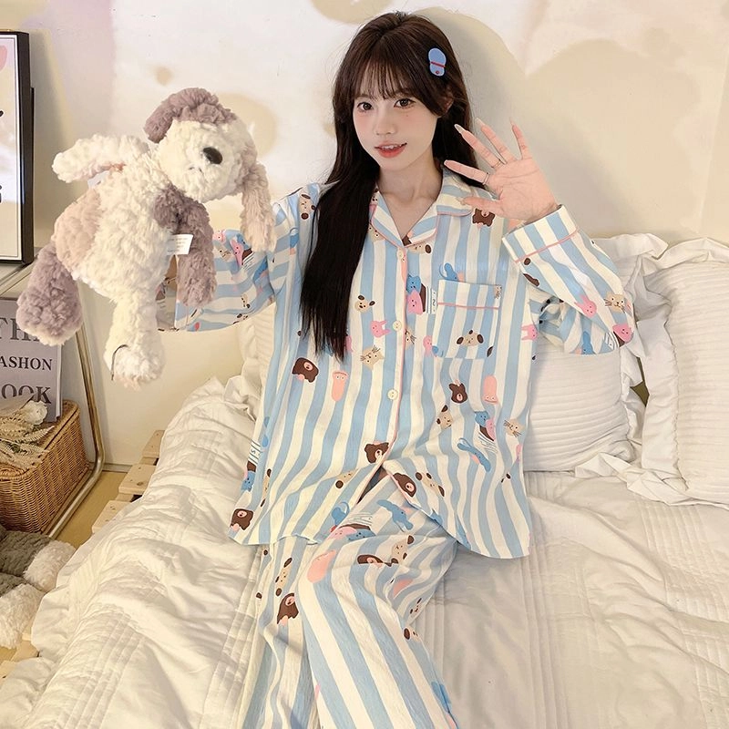 静英鸾 卡通图案满印条纹简约舒适可外穿家居服睡衣礼盒 女款