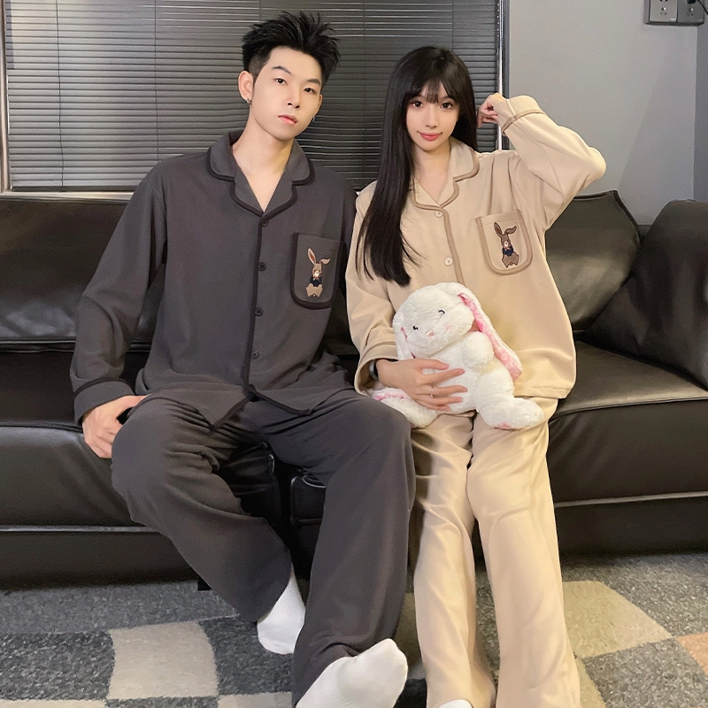 静英鸾 纯色卡通兔子时尚简约风冬季德绒加厚保暖家居服睡衣套装 男女同款