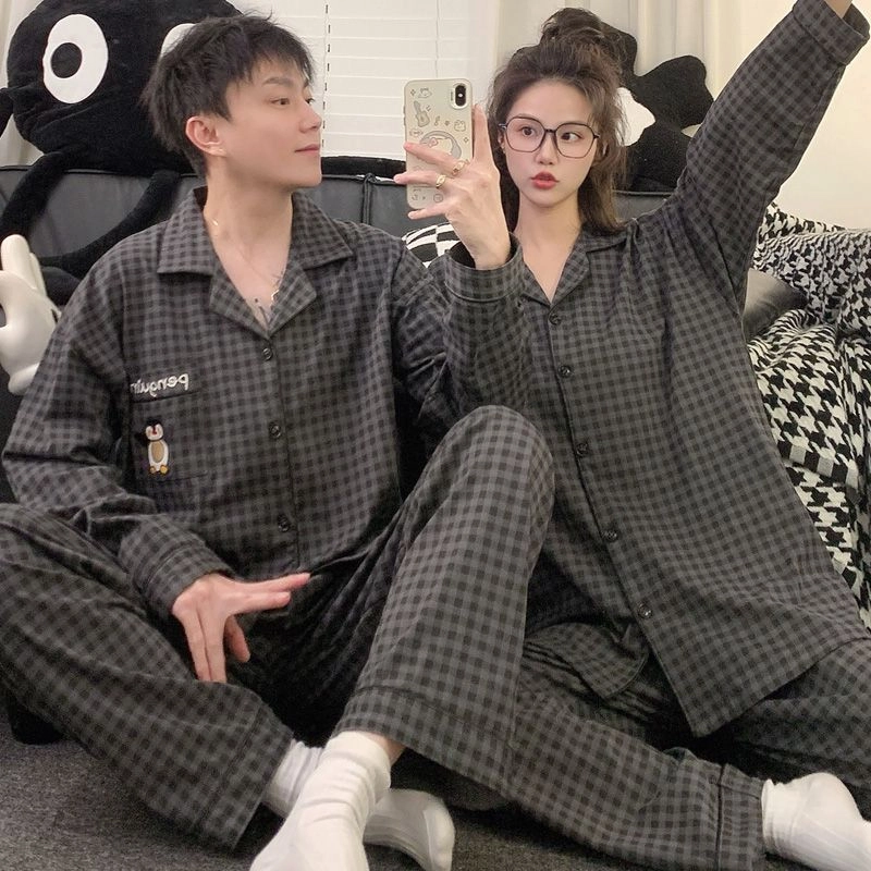 静英鸾 卡通企鹅格子甜美风休闲舒适家居服睡衣套装 男女同款