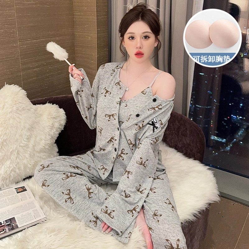 静英鸾 棉质羊绒长袖吊带长裤开衫纯色简约甜美蝴蝶结家居服秋冬季睡衣套装 女款
