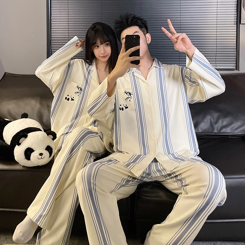 静英鸾 翻领条纹可爱熊猫慵懒甜美风休闲舒适家居服睡衣套装 男女同款