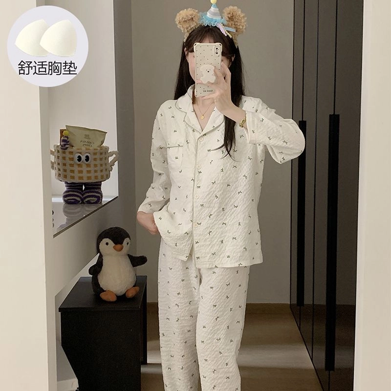 静英鸾 长袖长裤舒适透气亲肤简约蝴蝶结满印可外穿家居服睡衣礼盒 女款