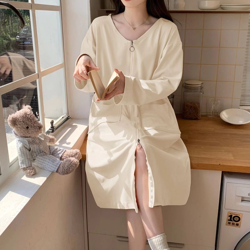 静英鸾 德绒长袖长裙圆领拉链纯色舒适家居服秋冬季保暖套装 女款