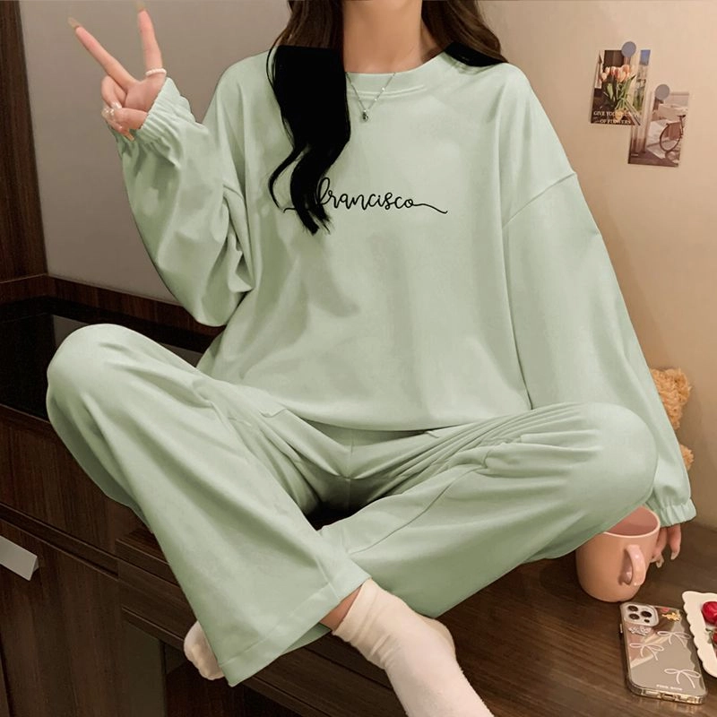 静英鸾 德绒长袖长裤圆领套头纯色简约小清新休闲两件套家居服秋冬季保暖套装 女款