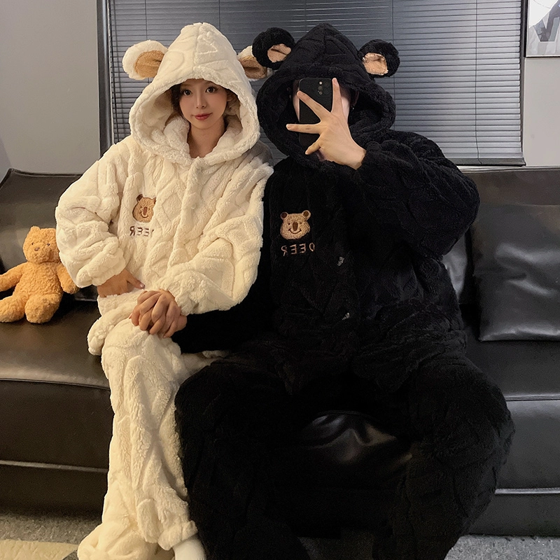 静英鸾 秋冬季曲线纯色甜美风珊瑚绒加绒加厚保暖圆领家居服睡衣套装 男女同款