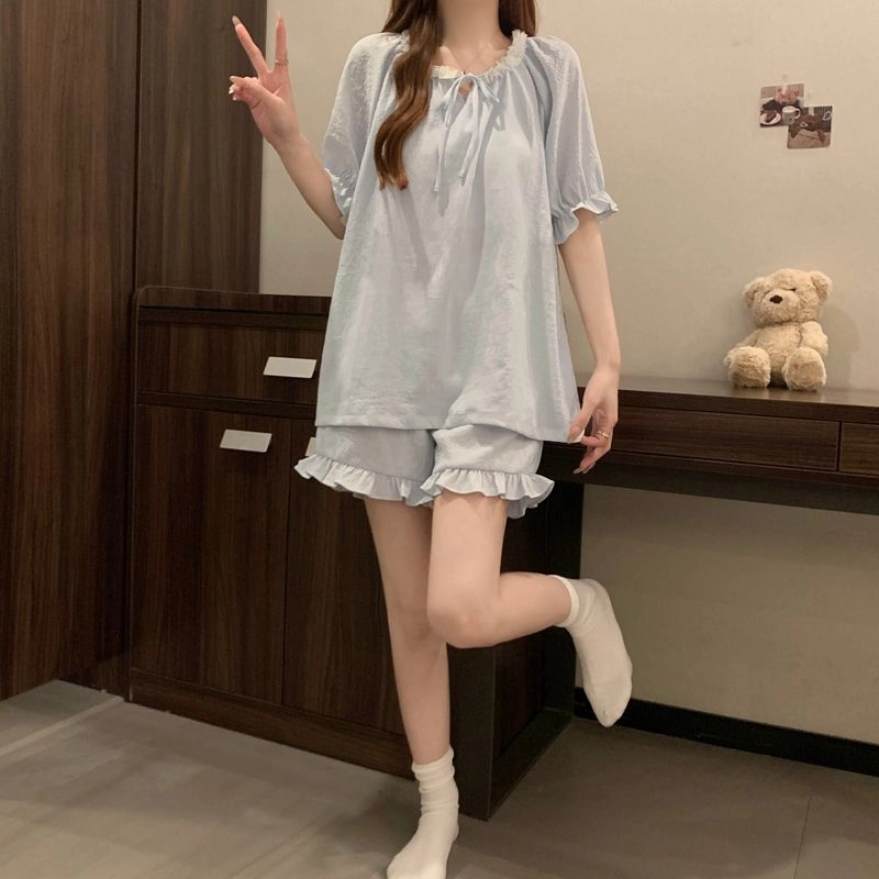 静英鸾 休闲舒适简约透气宽松圆领花边设计家居服睡衣套装 女款