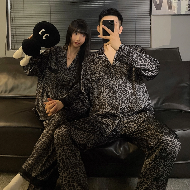 静英鸾 豹纹翻领简约风休闲时尚家居服睡衣套装 男女同款