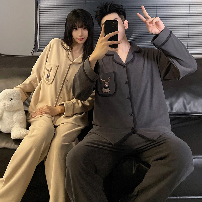 静英鸾 纯色卡通兔子时尚简约风冬季德绒加厚保暖家居服睡衣套装 男女同款